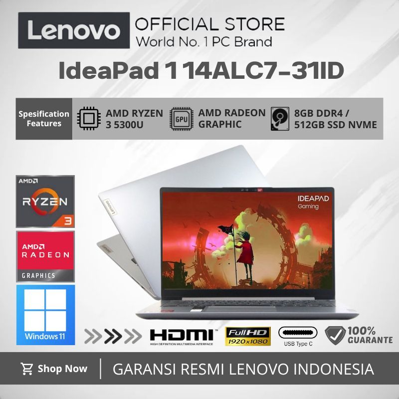 Jual LENOVO IdeaPad 114ALC731ID Ryzen 35300U 8GB 512GB SSD 14″ FHD TN W11+OHS Cloud Grey