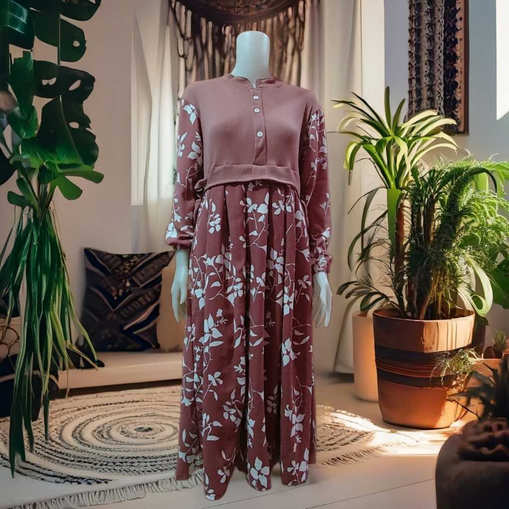 Jual AUREL MIDI DRESS KNIT IMPORT KOMBINASI CRINKLE ALEVA MOTIF BUNGA  TERBARU | Shopee Indonesia