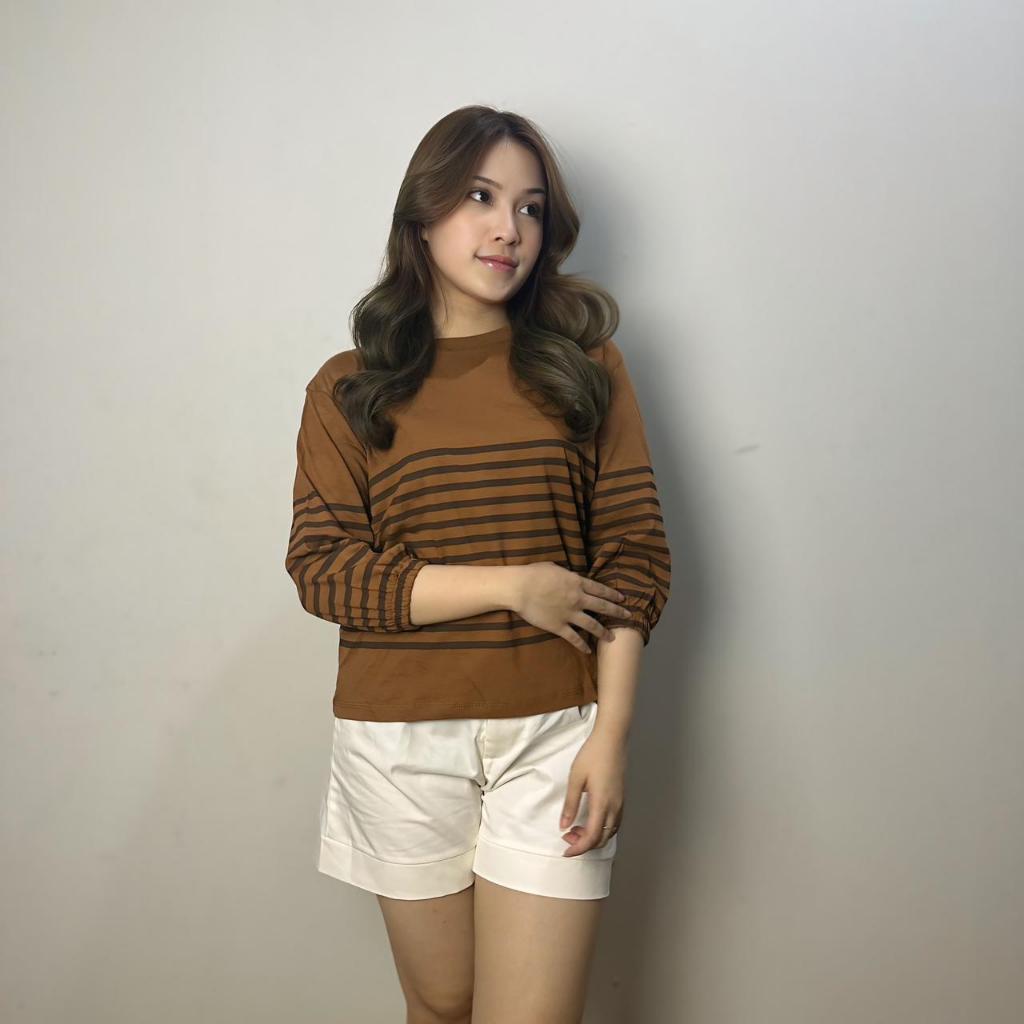 Baju kaos Wanita Lengan Panjang Blouse Balon Salur Warna Bahan Cotton Combed