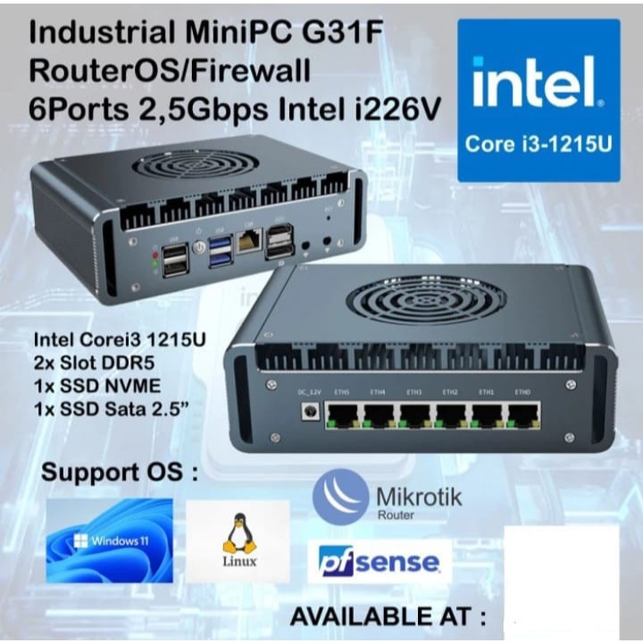 Industrial Mini PC G31F Core i3 1215U 6 Port LAN 2.5G Intel i226V Support PFSense Mikrotik X86 Proxmox Linux Windows 11 OS -