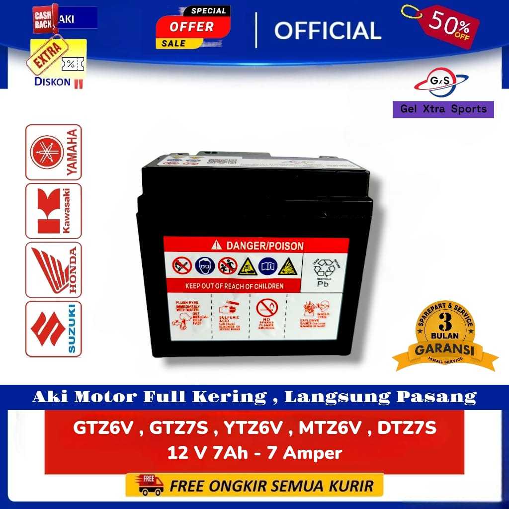 Aki Full Kering MF GT6V / GTZ7S 12V 7Ah Motor Vario 125 Vario 150 160 Sonic R Supra GTR CBR CB PCX