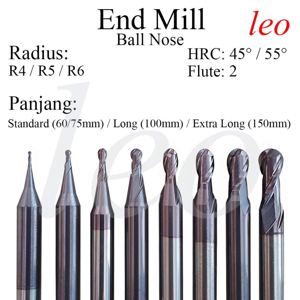 Jual End Mill Carbide Leo Ball Nose Radius 4/5/6 mm HRC 45/55 2 Flute ...