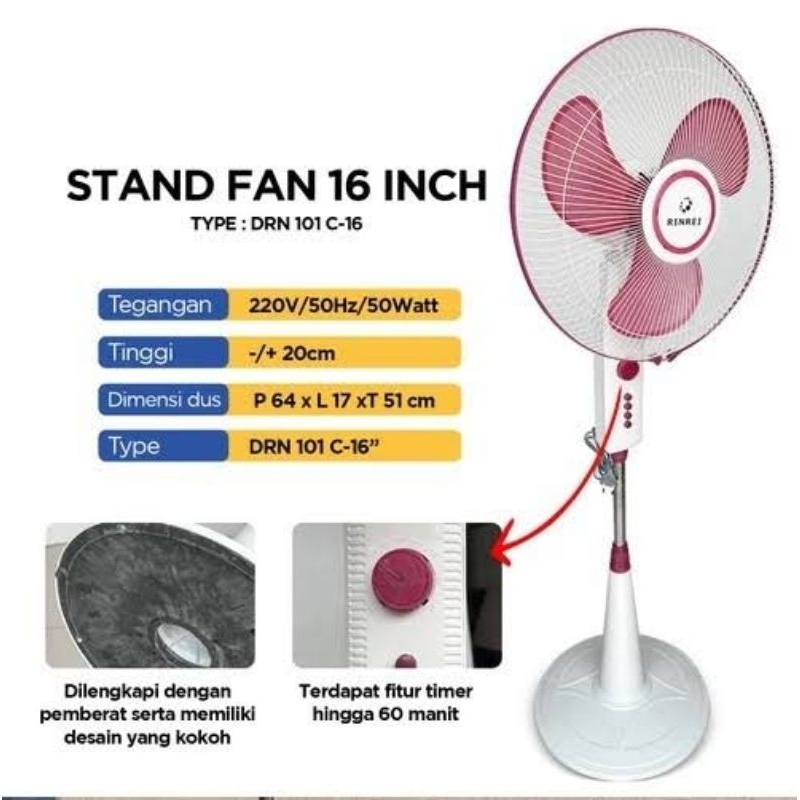 Jual KIPAS ANGIN BERDIRI RINREI DRN-101C (16INCH) / TAPAK PEMBERAT DAN ...