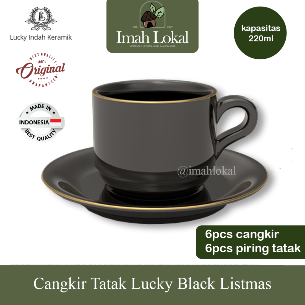Cangkir Set Black Gold 6pcs Keramik Lucky Gelas Cafe Minum Kopi Teh + Pisin / Tatakan - BlackGold