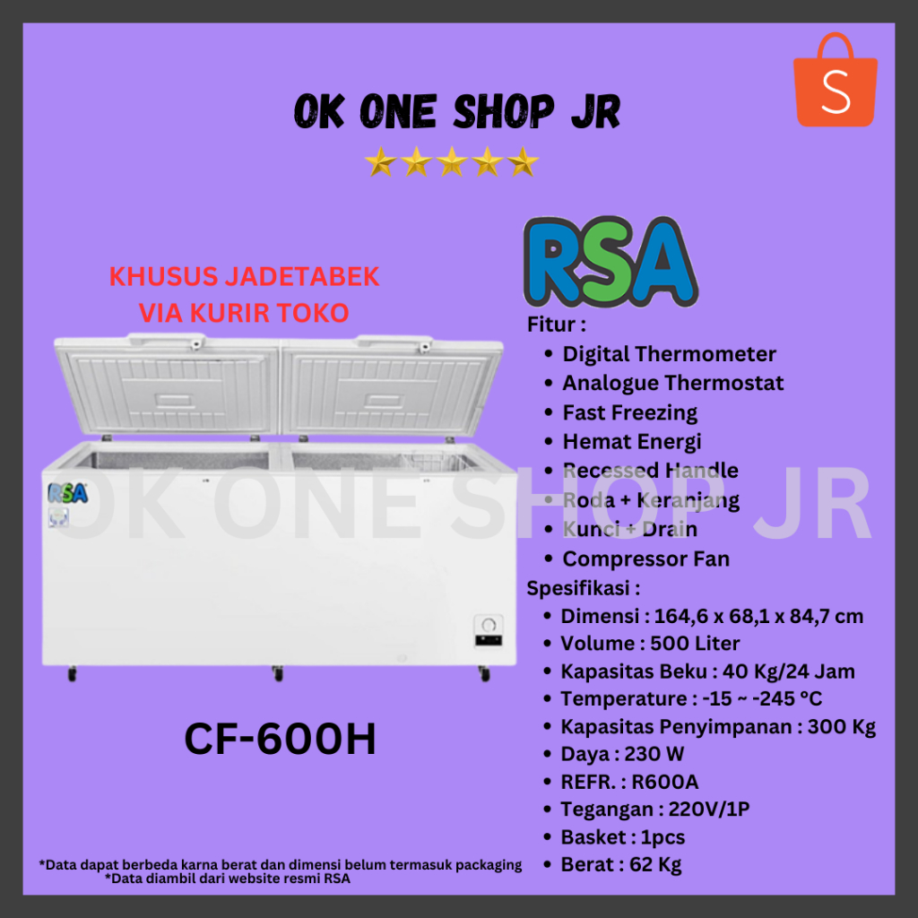 Jual RSA Chest Freezer CF 600 H | Freezer Box CF-600H | Box Pembeku ...