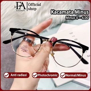 FOMAMATA Kacamata Minus Wanita Anti Radiasi Fashion Photocromic Bulat Logam+TR90 Kaca Mata Optik Night Drive