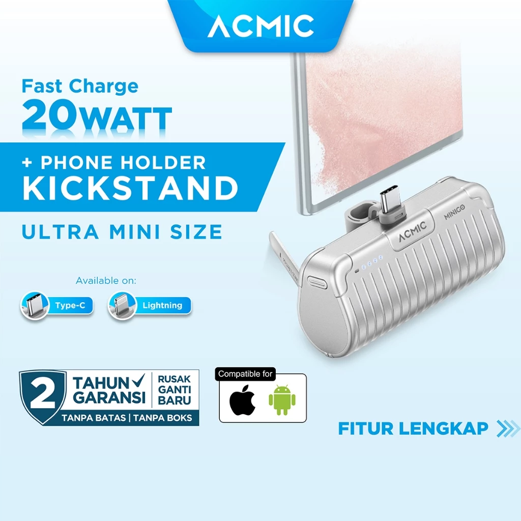 ACMIC MINIGO Mini 5000mAh PowerBank + Phone Holder USB Type C or iPhone Lightning PD Fast Charging 20 Watt