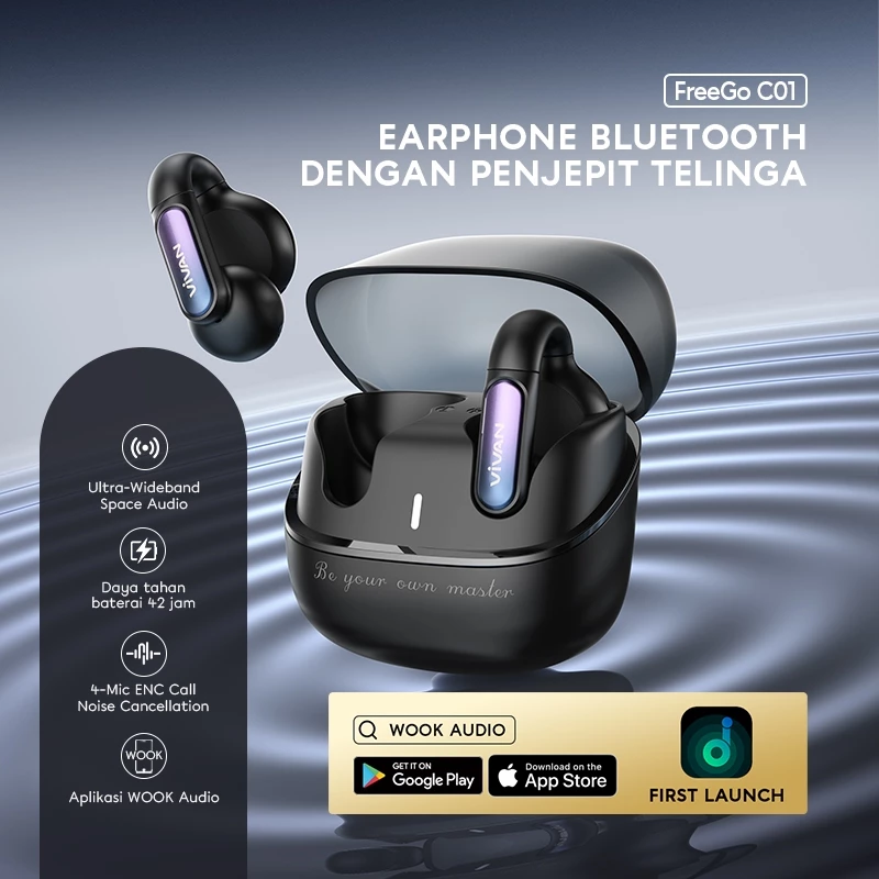 VIVAN Free Go Ear Clip TWS BT v5.4 With Flash Connect 6.0 4 MIC ENC 42H Playtime Garansi 12 Bulan