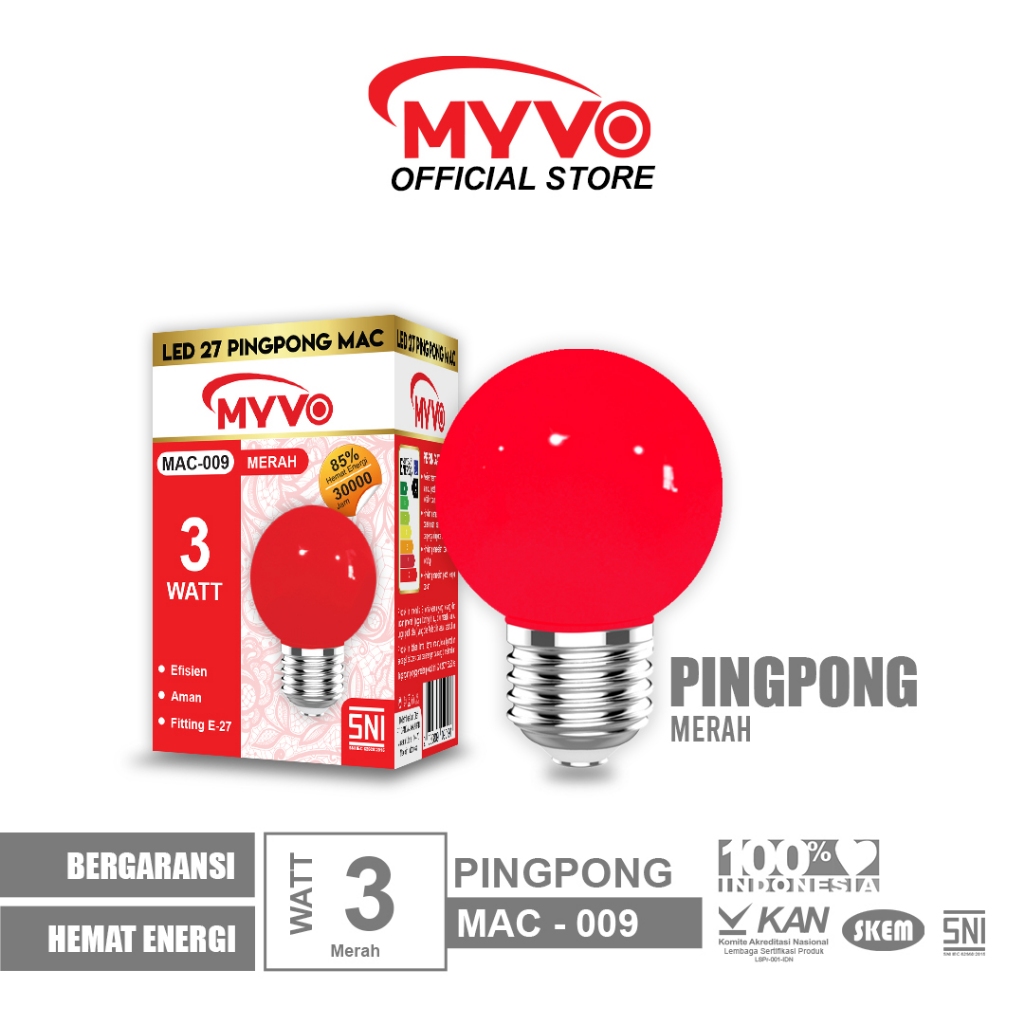 Jual MYVO Lampu LED Ping-Pong Cahaya MERAH MAC-009 3 Watt Colour Bulb ...