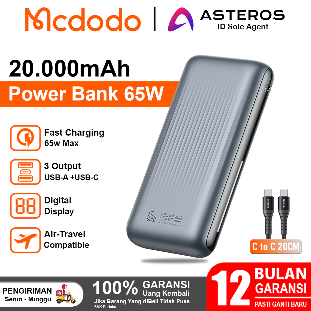 MCDODO Powerbank Laptop Macbook Notebook 20.000mah QC 3.0 PD Fast Charging 65W -100W