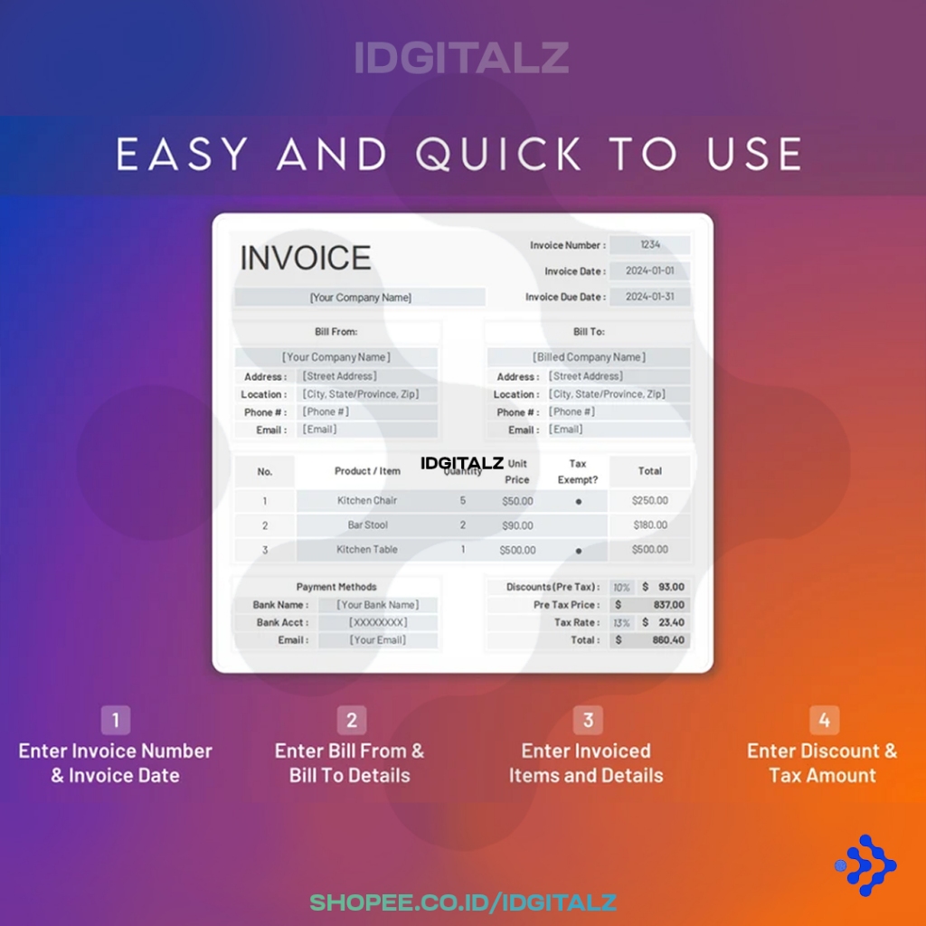 Jual [T0121] Template Business Invoice Excel Spreadsheet PDF - Solusi ...