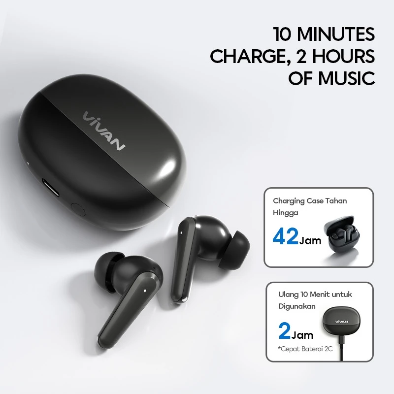 VIVAN TWS Infinity GT5 | DUAL EQ Extra Bass | Adaptive ANC Transparancy Mode | Bluetooth 5.4 | Playtime 42 Jam Headset Bluetooth