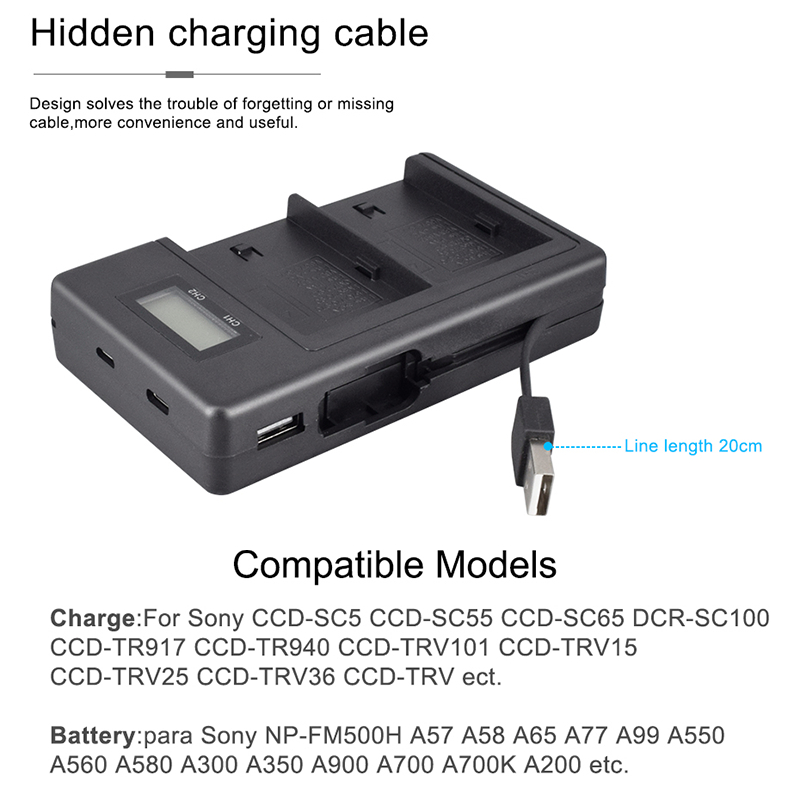 Batteria NP-FM500H 2300mAh + Caricabatterie DC01E Per Sony A57, A77, A99, A850 E A900 | Kit Con Adattatore Auto - 2