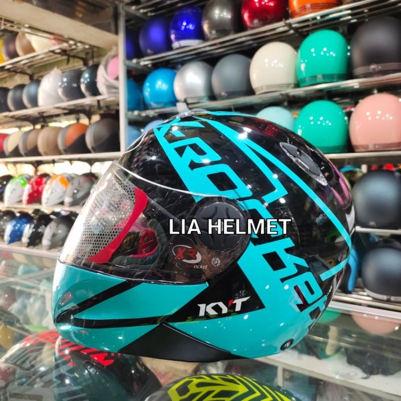 Jual helm full face kyt xrocket motif 4 black / aqua blue / helm kyt x