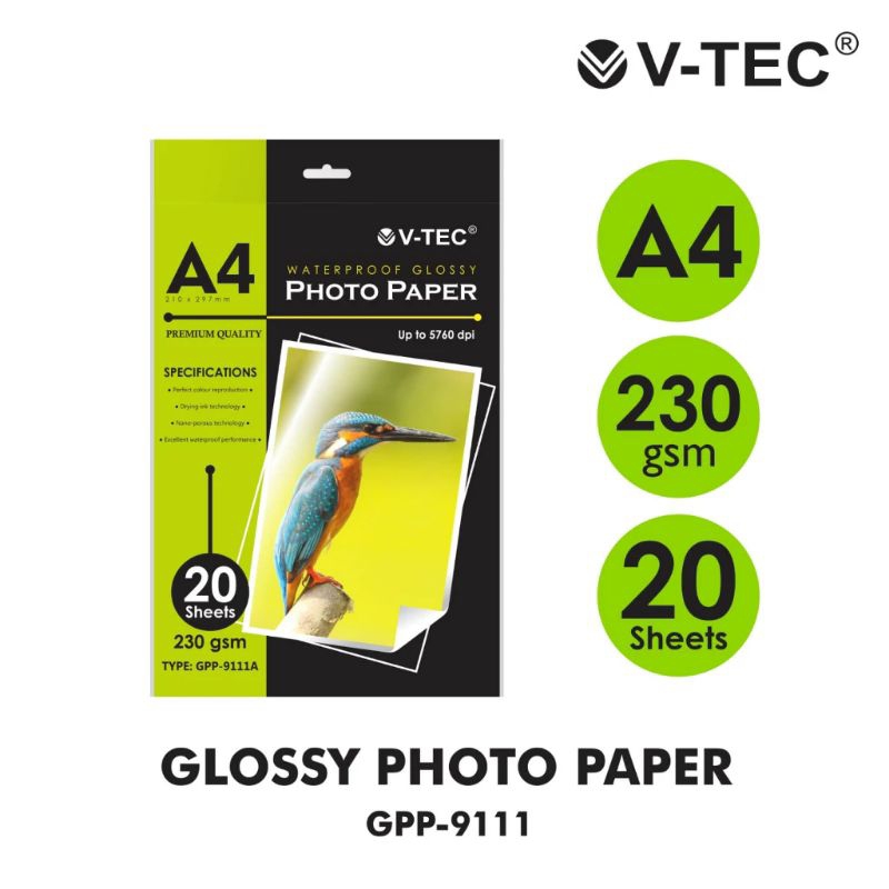 Jual Kertas Foto Glossy Photo Paper V Tec A4 230gsm 1pak 20sheet