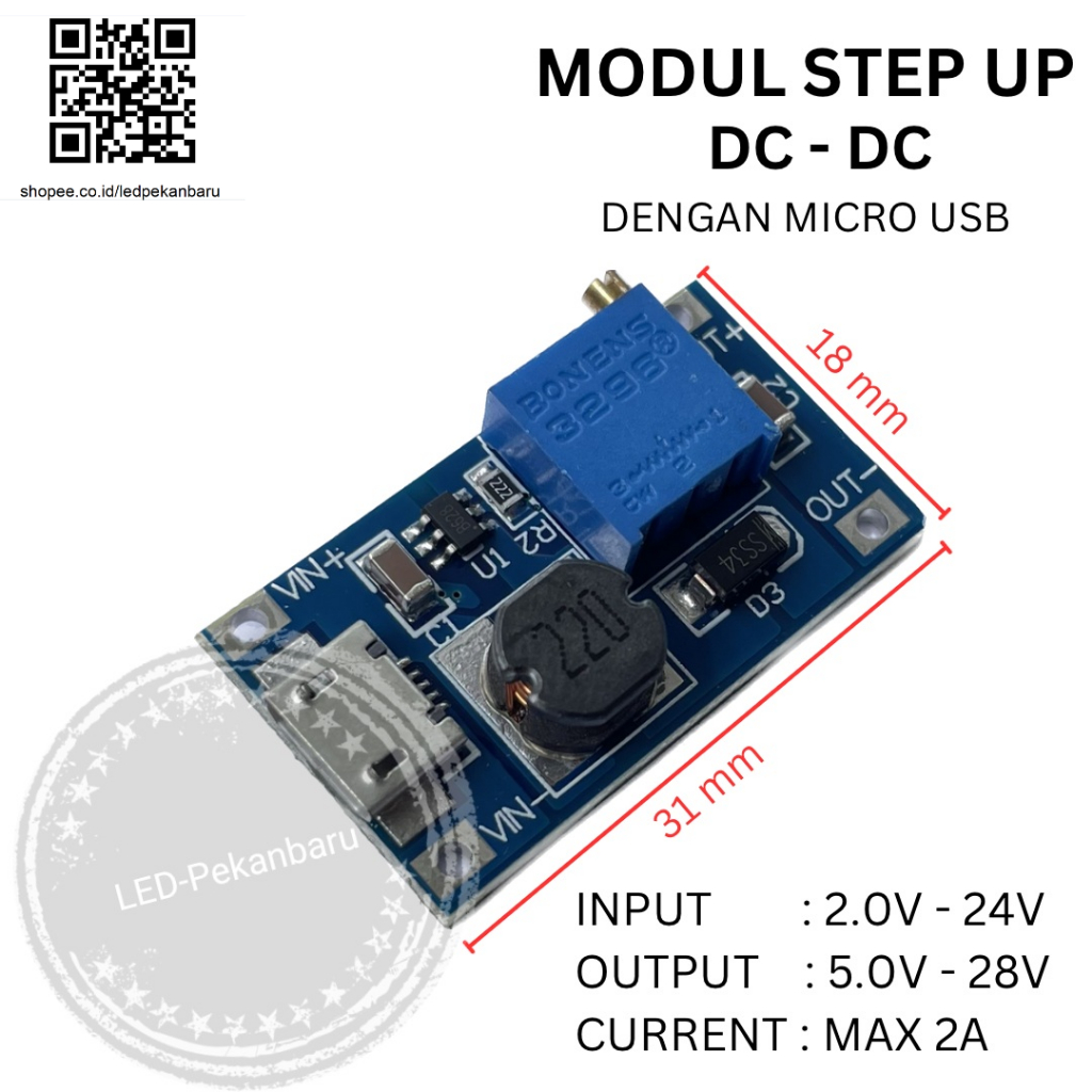 MT3608 DC-DC Step-Up Boost Converter Module – Micro USB 2A 2-24V To 25V Adjustable