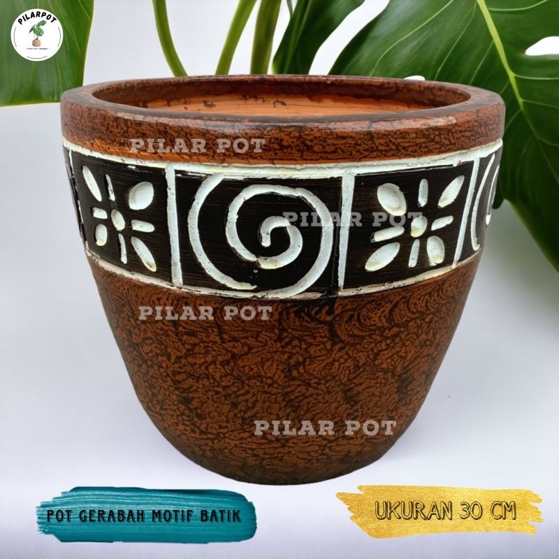 Jual POT BUNGA TANAMAN GERABAH TANAH LIAT MOTIF BATIK COKELAT D30 T25 ...