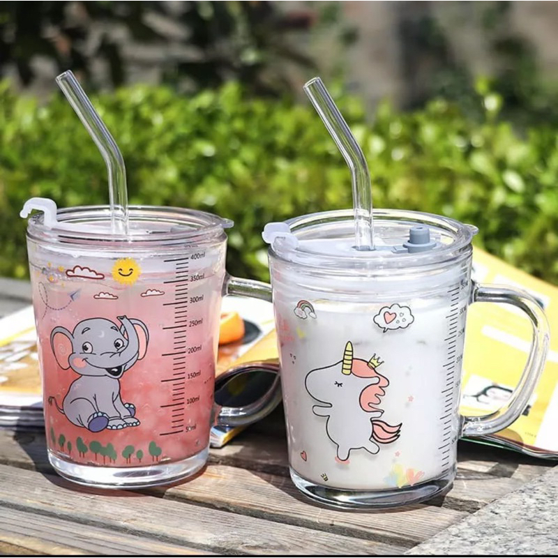 Jual (PAP) Gelas Minum KACA Anak Motif Animal 400ML + Sedotan /Gelas ...