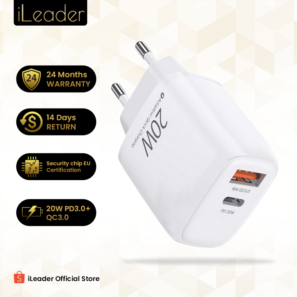 Jual iLeader 20W Kepala Charger Dual Ports Super Si PD QC3.0 Fast ...