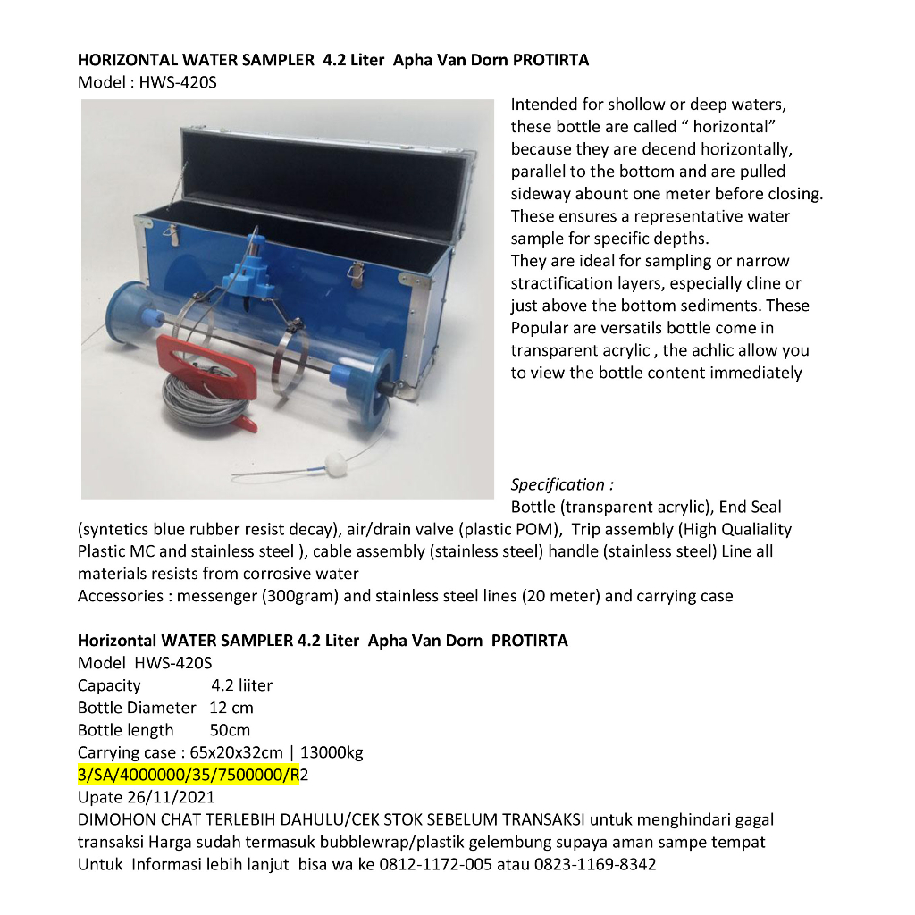Jual HORIZONTAL WATER SAMPLER 4.2 Liter Alpha Van Dorn PROTIRTA ...