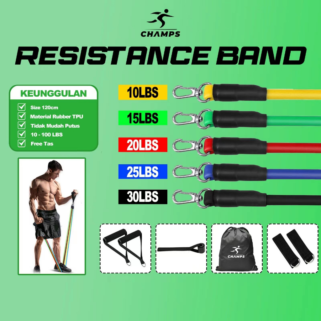 Jual Champs Resistance Bands 11 In 1 Set Tali Pembantu Resistance Tube Elastic Fitness Gym Power 7603