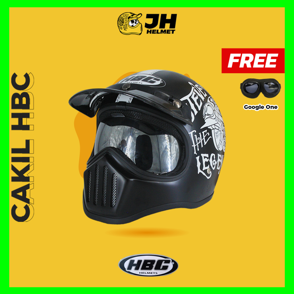 Jual Helm Cakil HBC Steve The Legend Black + Inner Visor | Helm Retro ...