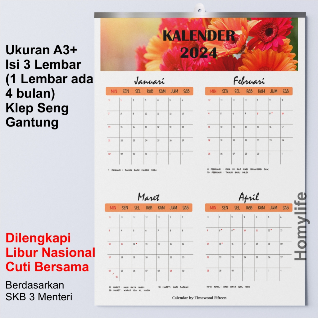 Jual 2024 KALENDER DINDING BESAR Isi 3 Lembar Klep Seng Lengkap Libur ...