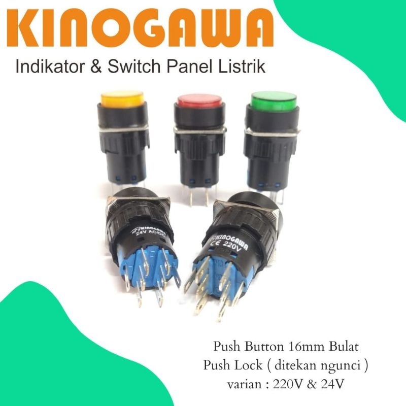 Jual KINOGAWA Tombol ON-OFF Bulat Ngunci Push Button Lampu LED Bulat ...