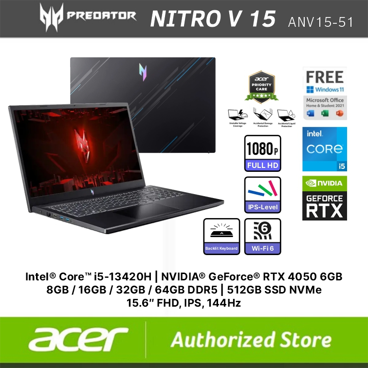 Jual ACER LAPTOP NITRO V 15 ANV1551 i513420H RTX4050 6GB / RAM 8GB 512GB 15.6" FHD IPS 144Hz