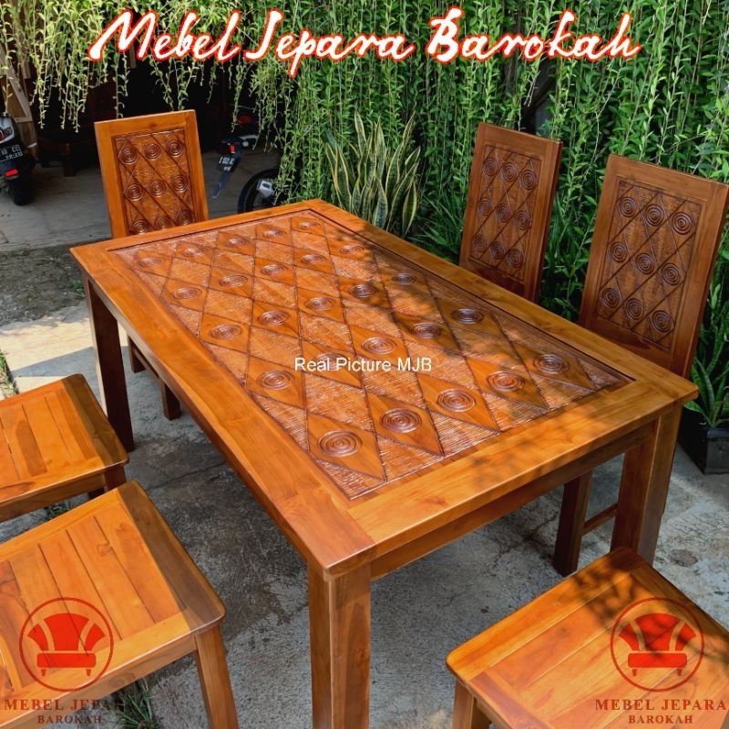 Jual Set Meja dan Kursi Makan Kayu Jati Ukir Motif Belah Ketupat