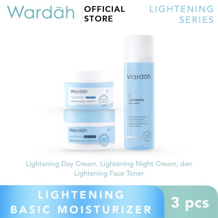 Wardah Lightening Basic Mosturizer Kit - Day Cream, Night Cream, Face Toner - Pelembab Wajah & Hydrating Toner - Cerah, Glowing, Terlindungi, Lembap