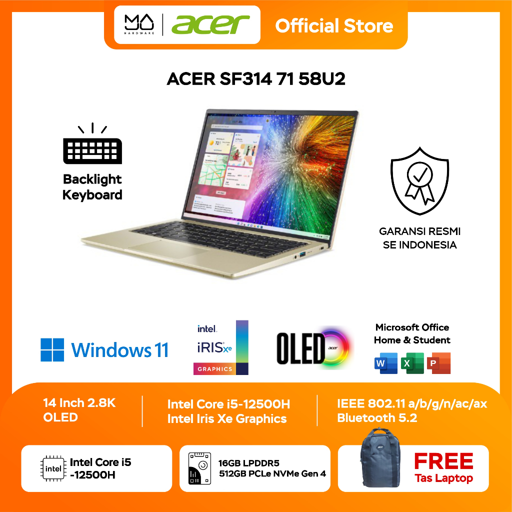 Jual Laptop Acer Swift 3 Oled Sf314 71 58u2 Core I5 12500h Shopee