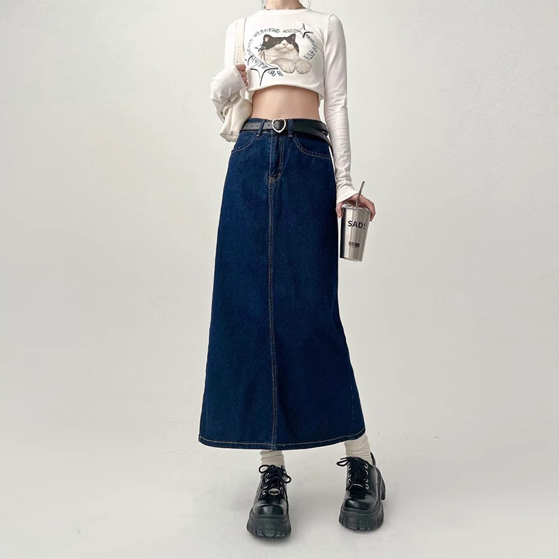 Jual Rok Denim Split Gaya Korea Rok A-line Wanita Biru tua | Shopee ...