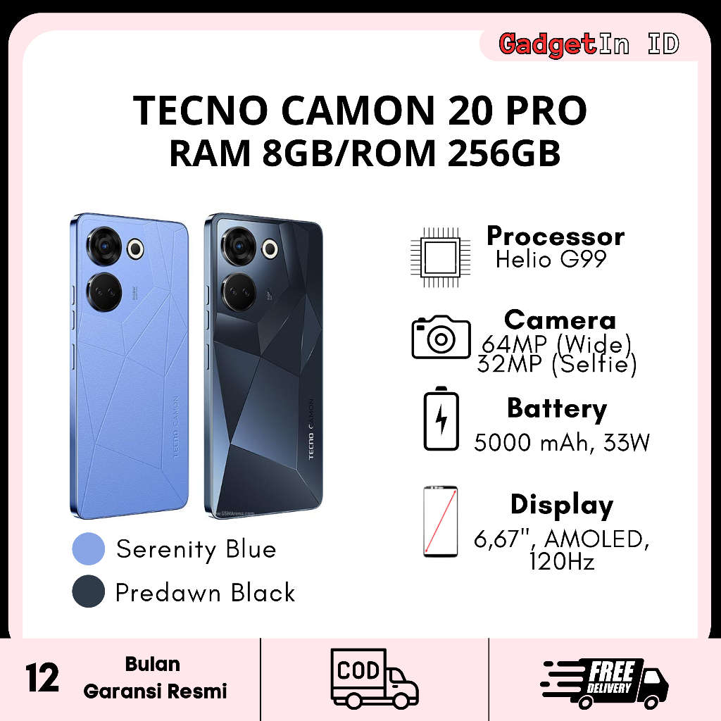Jual TECNO CAMON 20 PRO 8/256GB GARANSI RESMI TECNO 1 TAHUN- Gadgetin ...