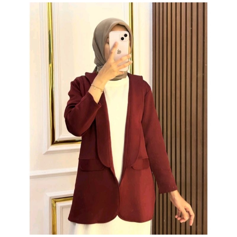 Jual Long Blazer Scuba Panjang Blazer Wanita Kerah Tanpa Kancing