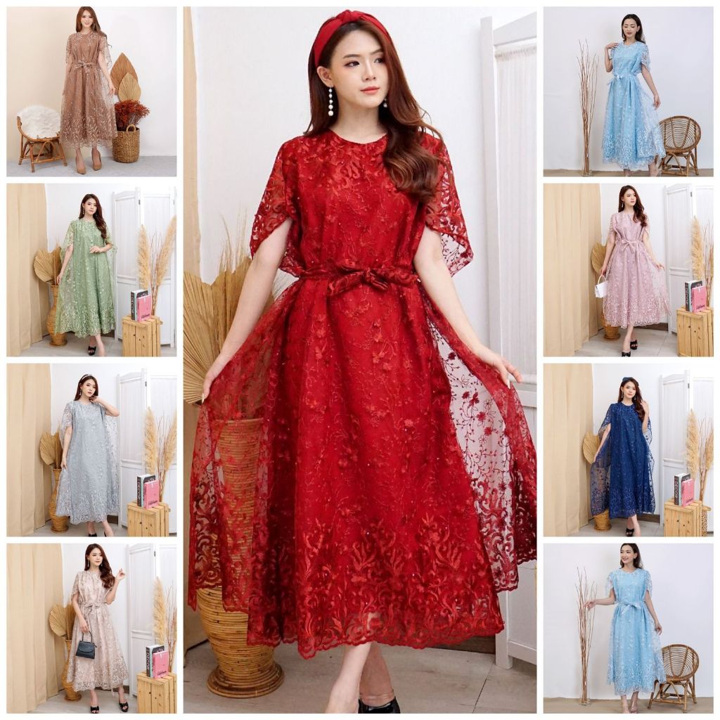 Jual Long Dress Nagita Brukat Tille Bordir Mutiara Gliter LongDress Batwing Brokat Premium Shopee Indonesia