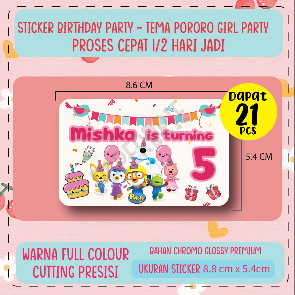 Jual Label Stiker Pororo Girl Party Size Kartu Atm Ulang Tahun Anak