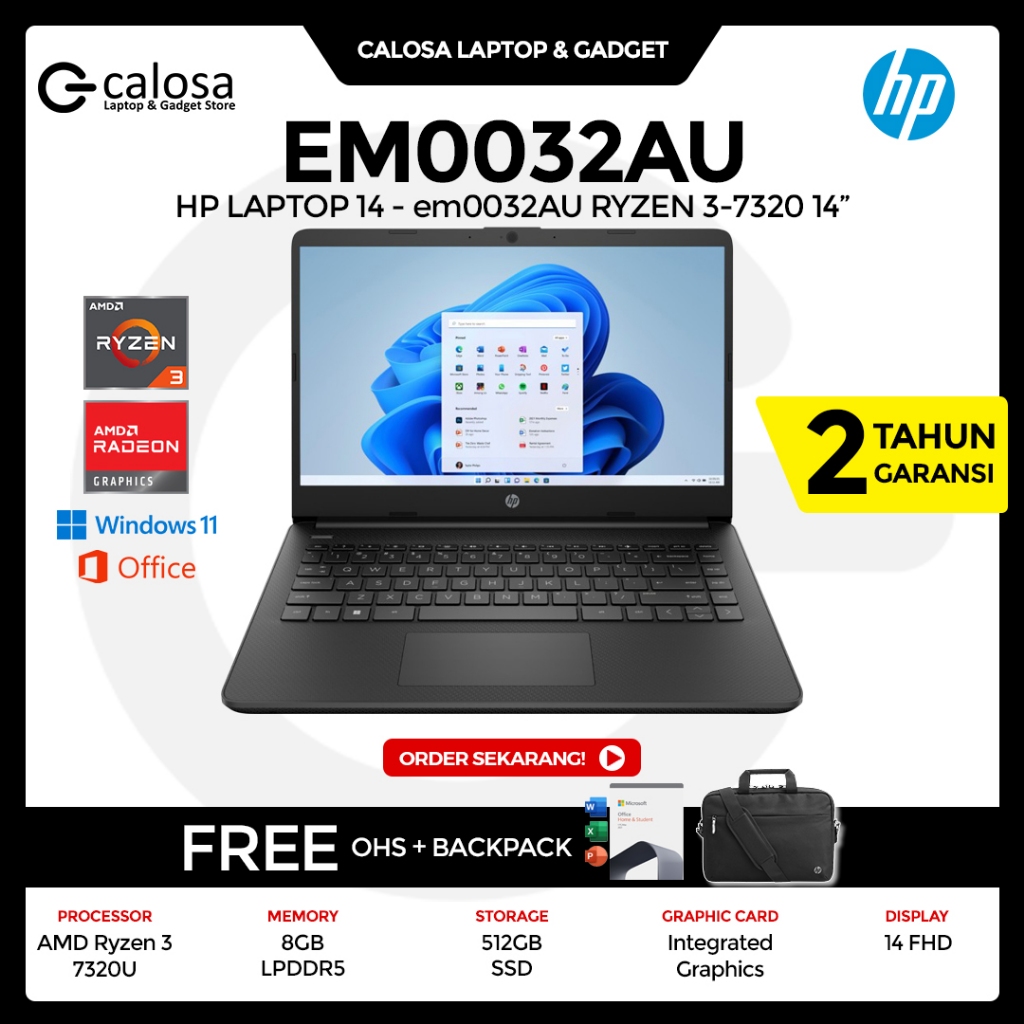 Jual LAPTOP HP 14 EM0032AU RYZEN 3 7320U RAM 8GB SSD 512GB WIN11 + OHS ...