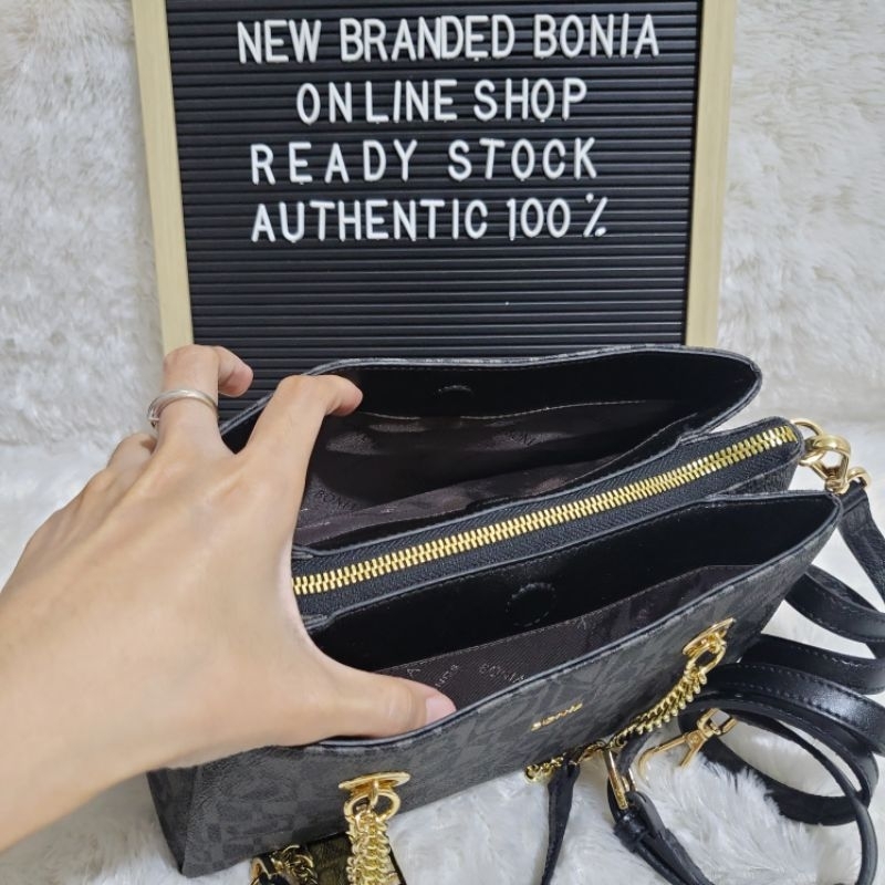 Jual tas bonia original sling tote bag rantai monogram putih pink singapore
