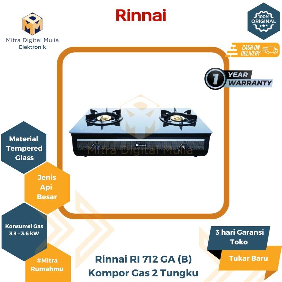 Jual Rinnai RI 712 GA B Kompor Gas 2 Tungku Tempered Glass Api Besar ...