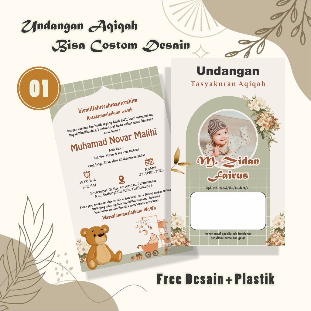 Jual Undangan aqiqah 1 lembar bolak balik proses cepat tanpa PO FREE