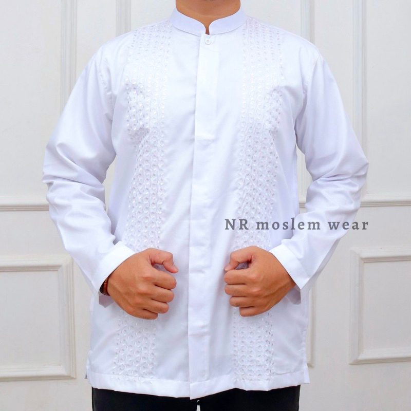 BAJU KOKO KATUN DEWASA BORDER PUTIH LENGAN PANJANG , KEMEJA KOKO PUTIH ARK KZ