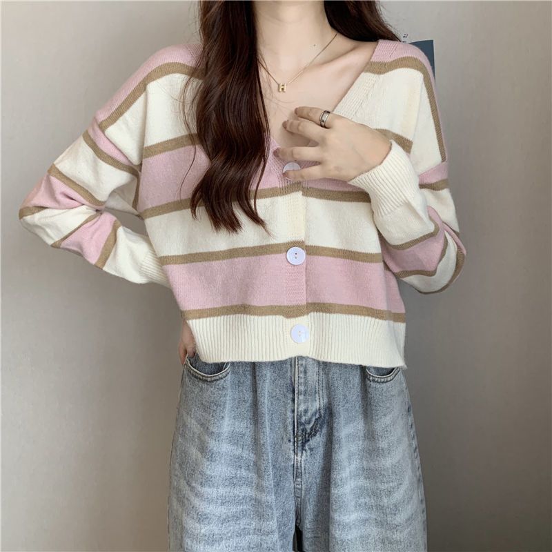 Jual Ajw Cardigan Crop Rajut Korean Style Wak Cardigan Stripe Wanita Kekinian Rajut Import