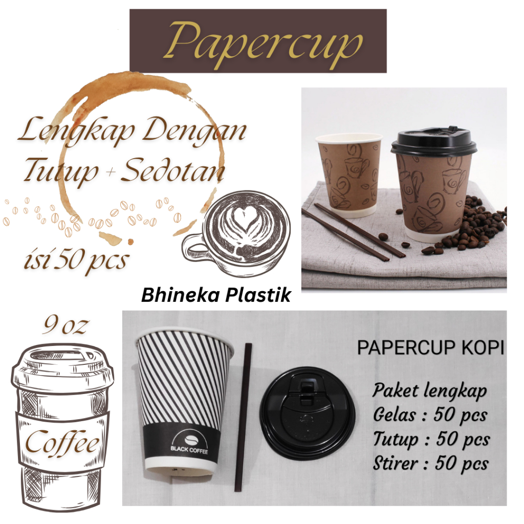 Jual PaperCup+Tutup+sedotan 9 oz (isi 50pcs), Gelas Kertas ,Paper Cup ...