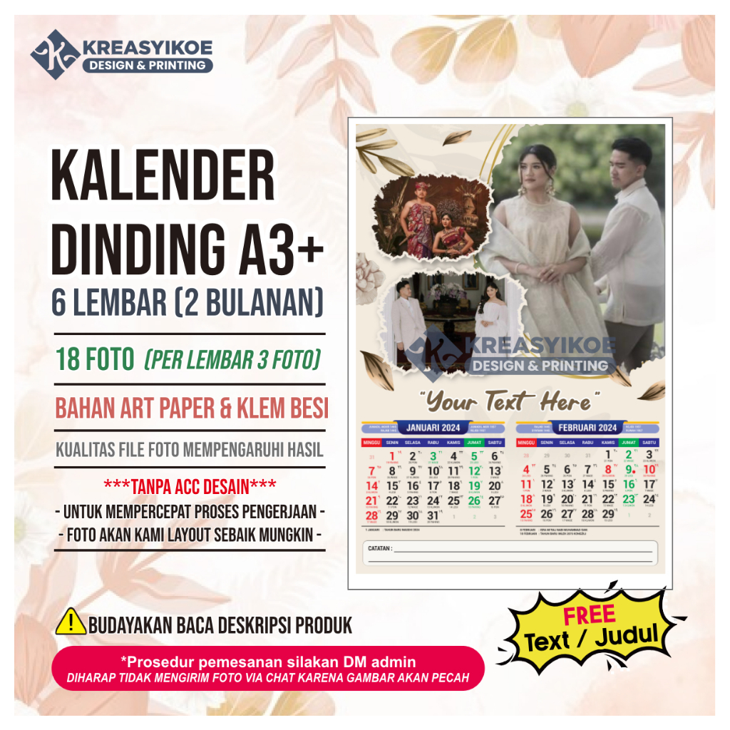 Jual Kalender Dinding 2024 Custom Foto A3+ 2 BULAN 6 LEMBAR ART PAPER ...