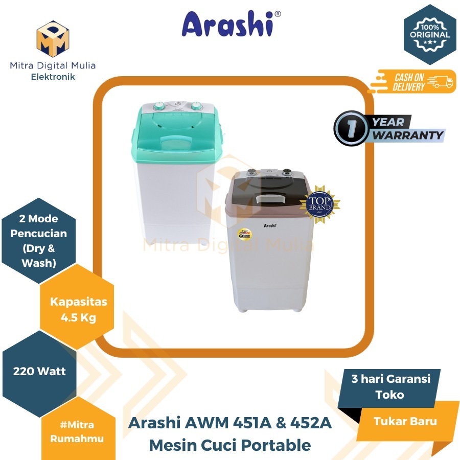 Jual Arashi Mesin Cuci Mini 4.5 KG AWM 451 , 452 Portable Washing ...