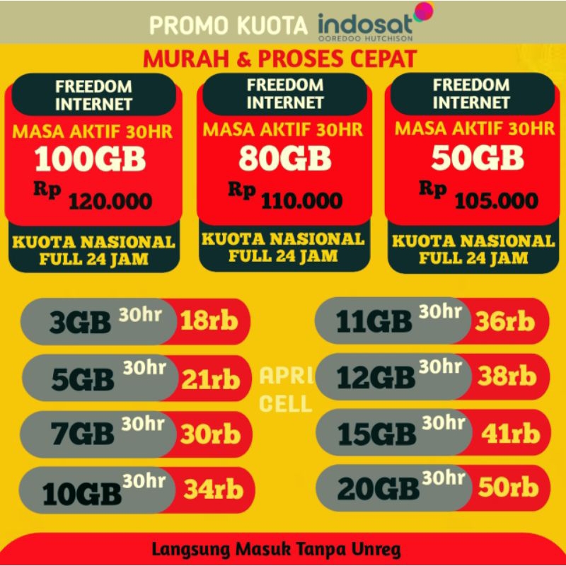 Jual (PALING MURAH) PROMO KUOTA INDOSAT 100GB 80GB 50GB FULL 24 JAM ...