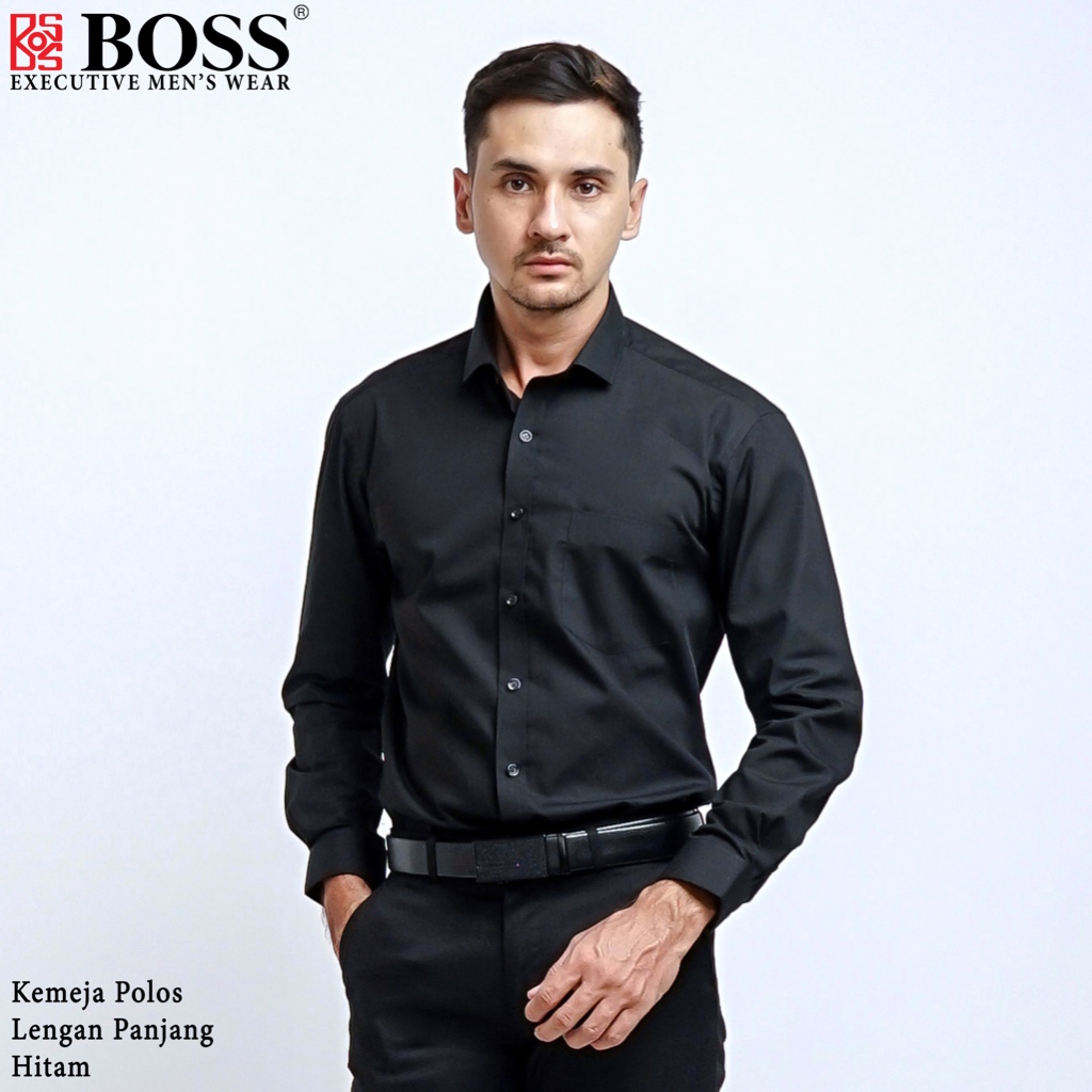 BOSS Kemeja Polos Pria Lengan Panjang Hitam