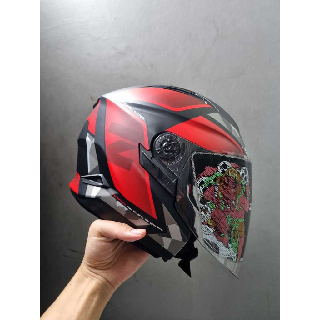 Jual ZEUS 613B MATT BLACK AJ14 RED HALF FACE DOUBLE VISOR | Shopee ...