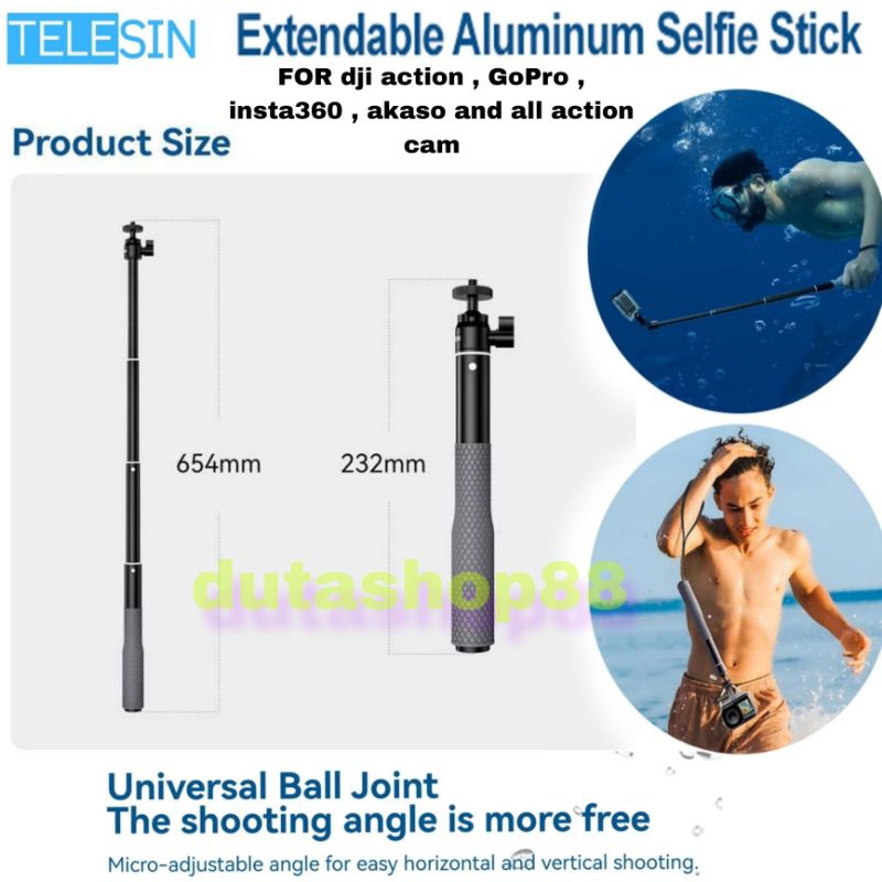 Jual TELESIN SELFIE STICK WATERPROOF MONOPOD 360 ROTATION BALL HEAD FOR ...